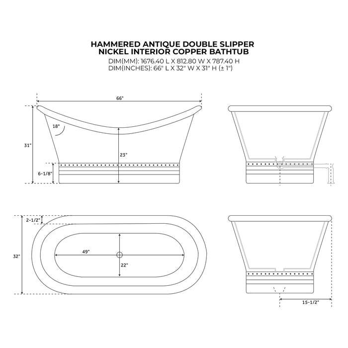 Double Slipper Nickel Interior Copper Bathtub