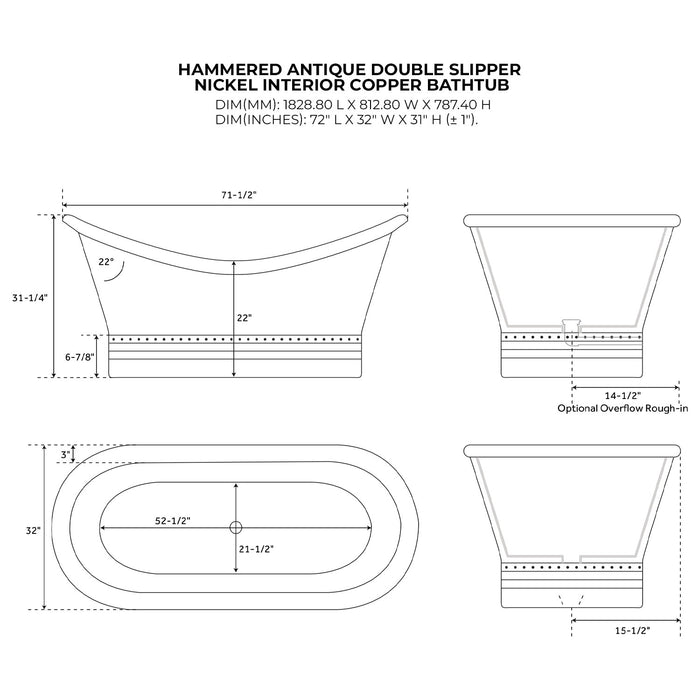 Double Slipper Nickel Interior Copper Bathtub